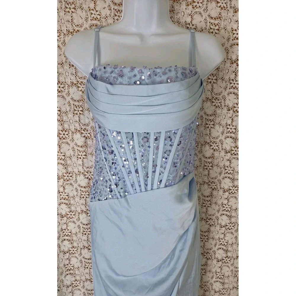 Light Blue Maxi Dress 6 Corset Mermaid Sequins Padded Adjustable Prom Party NWT